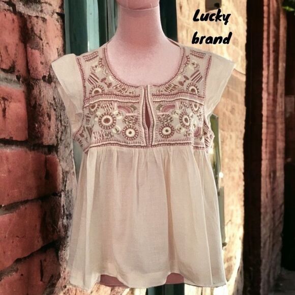 LUCKY BRAND NWT EMBROIDERED SHORT SLEEVE PEASANT TOP BLOUSE MEDIUM - Picture 5 of 9